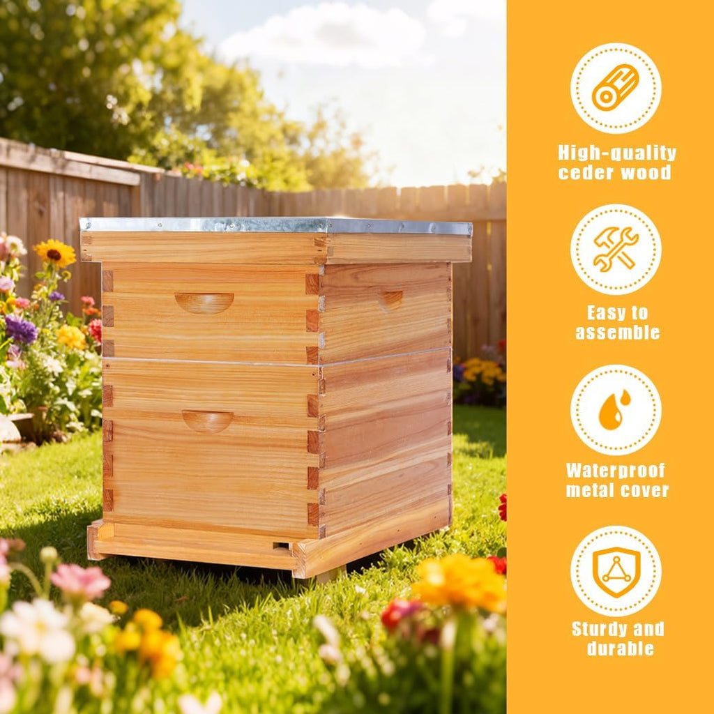 POLLIBEE 8 Frame Beehive Beeswax Coated Langstroth Bee Hives Include 1 Deep Boxes and 1 Medium Bee Box with Beehive