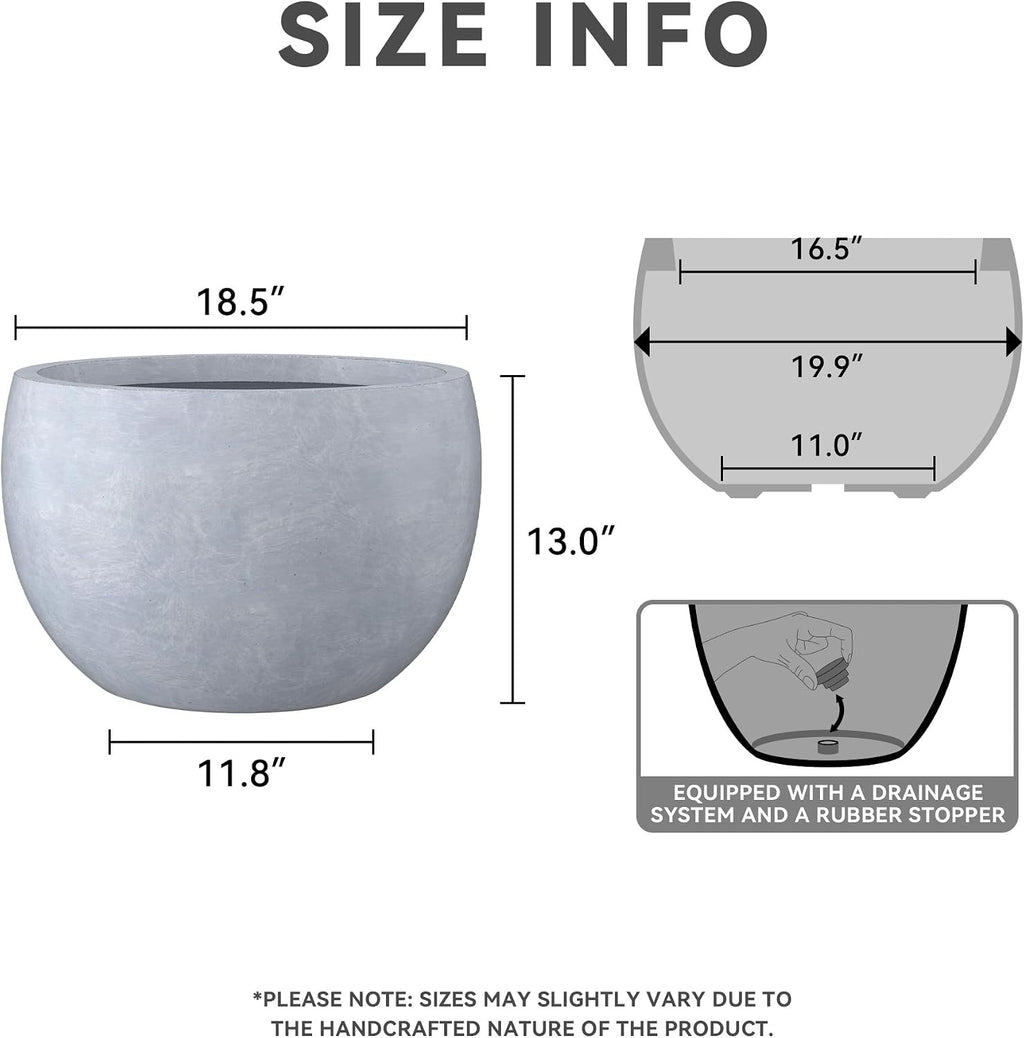 Kante Large Round Bowl Blue Gray Concrete Planter 20" Dia, Outdoor | Rubber Plug for Indoor, Drainage for Garden