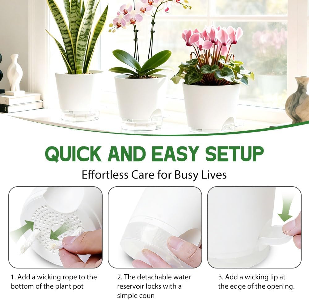 Self Watering Pots for Plants, 2026 New Flower Plant Pots with Drainage Holes, Wicking and Clear Reservoirs for
