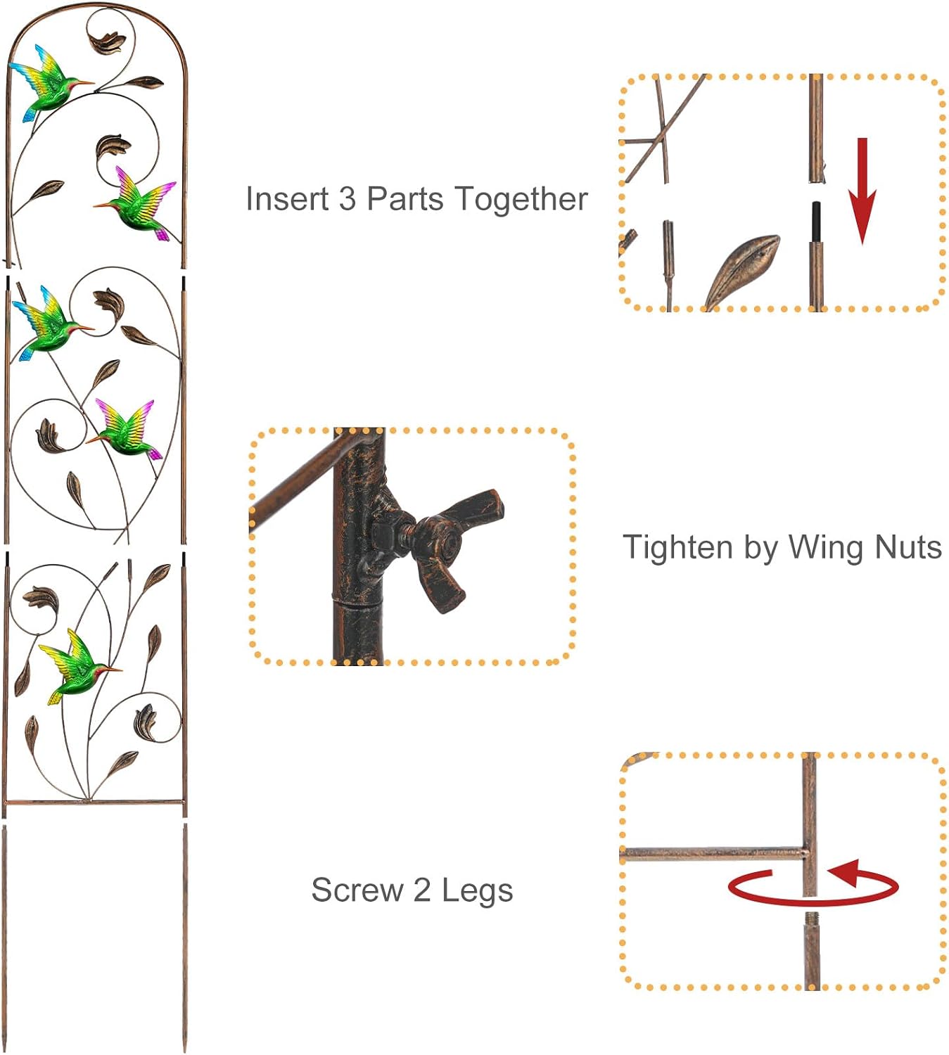2 Pack Metal Garden Trellis for Climbing Plants | 60 Inch High, Decorative with Hummingbirds, Easy Assembly Arched