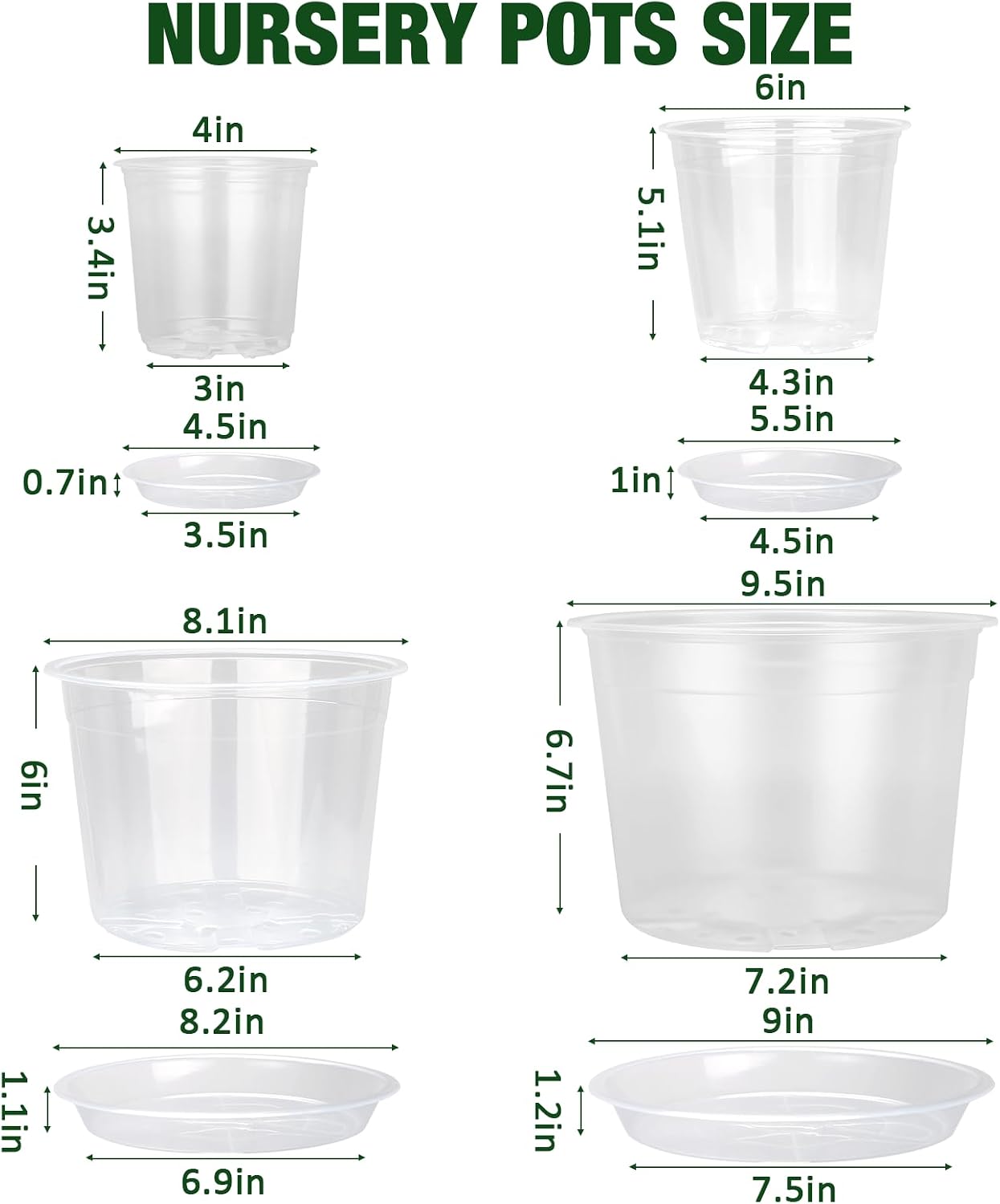 10/8/6/4 Inch Clear Nursery Pots with Drainage Holes and Saucers, 12 Pack Large Clear Pots for Plants Variety Pack