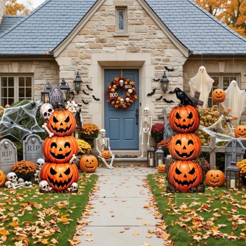 2 Pack Halloween Pumpkin Yard Signs with Stakes for Outdoor Decor
