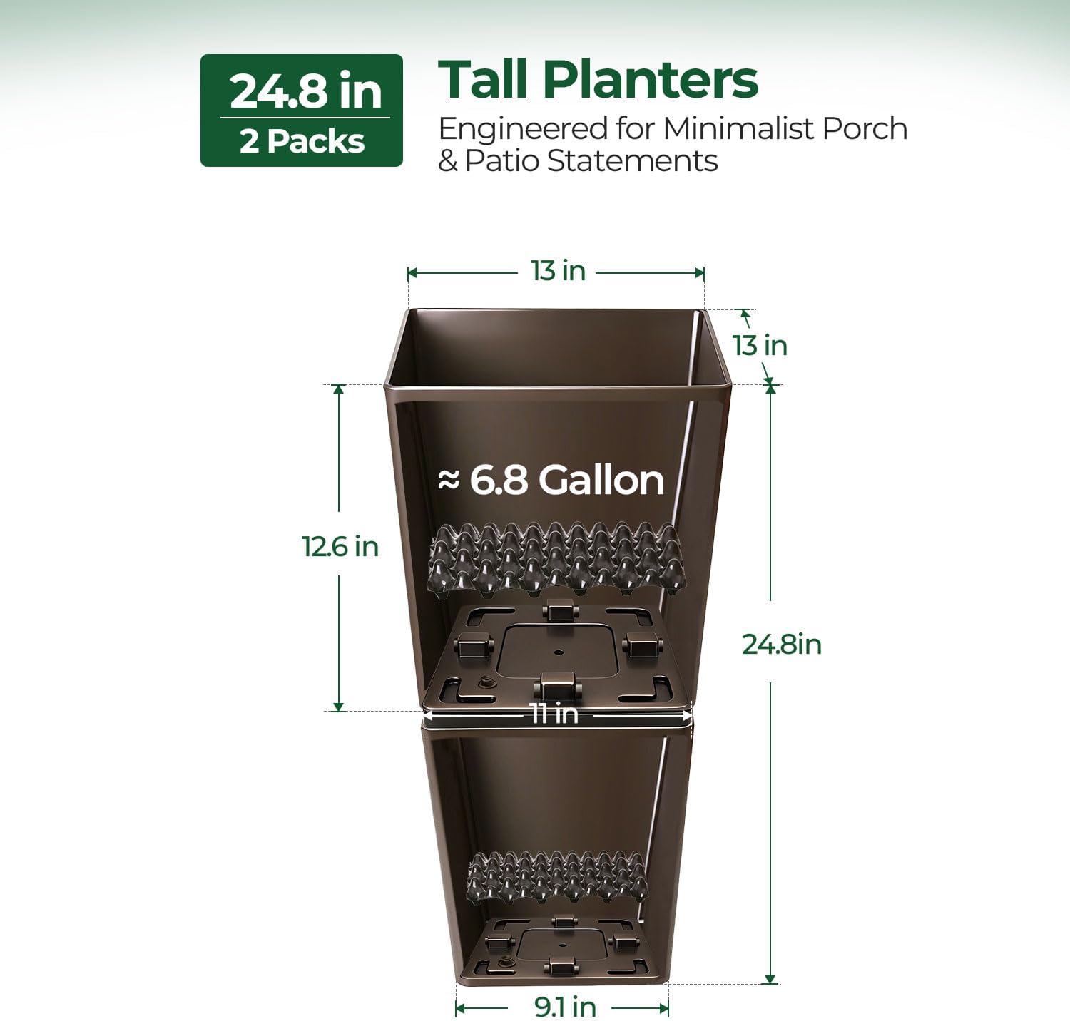 T4U Tall Planter for Outdoor Plants 2 Pack, Large Plastic Pots Brown | Patio porch deck use, Stackable design with