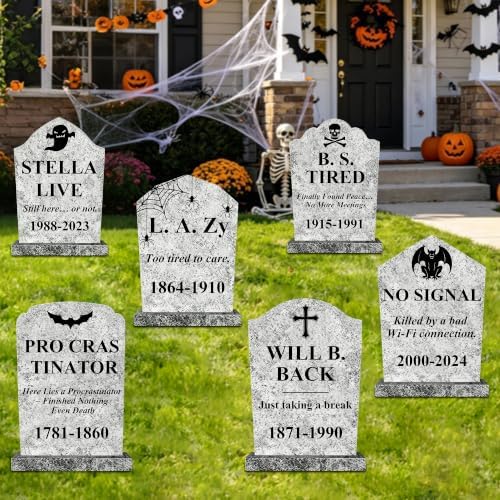 6 Pcs 16.1" Weatherproof Halloween RIP Tombstone Yard Decor with Stakes