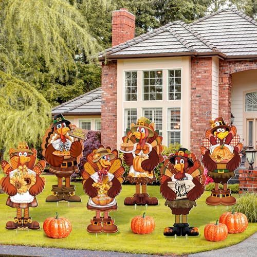 GlikCeil 6 Pcs Fall Yard Signs Large Turkey Yard Decor with Stakes 24 x 12 Inch Thanksgiving Decoration Outdoor Turkey Lawn Sign Garden Decoration Outside for Home Party Patio Backyard Walkway