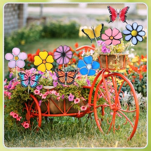 10 Pcs Metal Flower Garden Stake for Outside Outdoor 11.8" 5D Summer Flowers Butterfly Metal Sign Waterproof Decoration Landscape Ornament for Lawn Yard Garden Patio Porch Art
