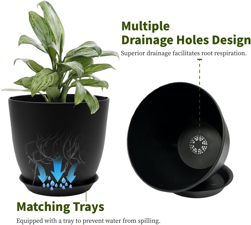 Vanslogreen Plant Pots 8 Inch Set of 6, Flower Pots with Drainage Holes and Saucer, Plastic Garden Planters for Indoor