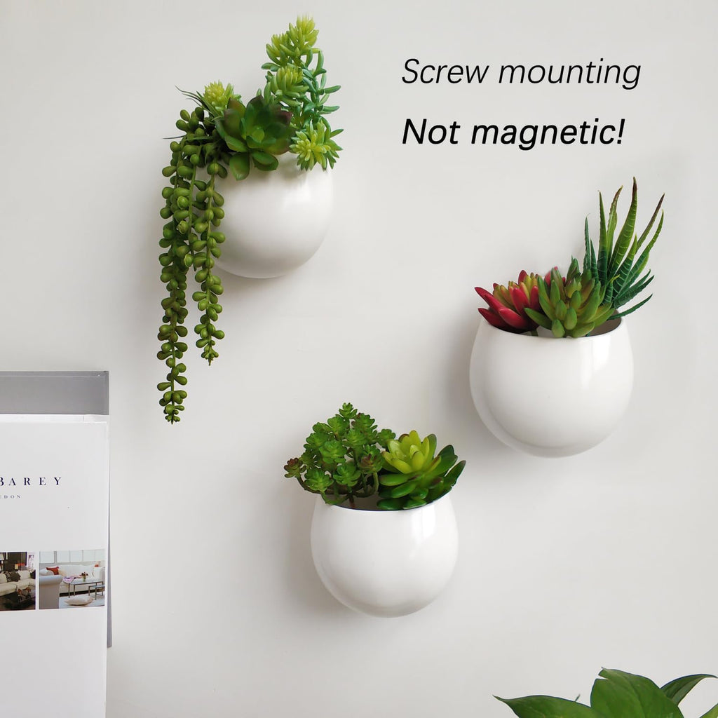 Mkono Wall Planter Ceramic Hanging Pot with Artificial Fake Plants, 3 Pack | 8 Realistic Succulents Included,White Air