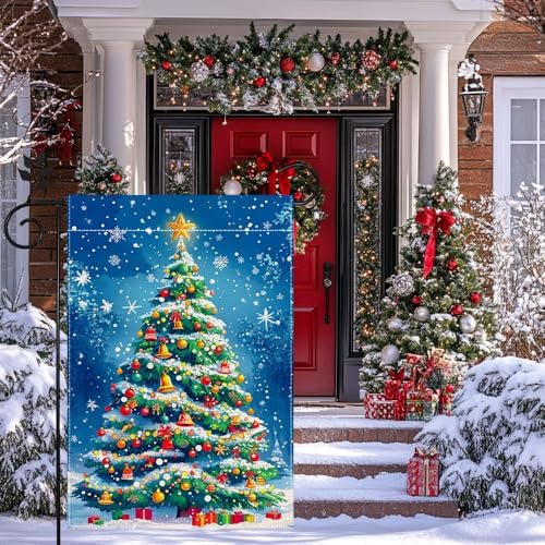 Winter Christmas Tree Garden Flag for Outside, Snowflake Xmas Ball Welcome Christmas Yard Flag 12x18 Inch Double Sided Burlap Holiday Farmhouse Home Decoration Outdoor Flag