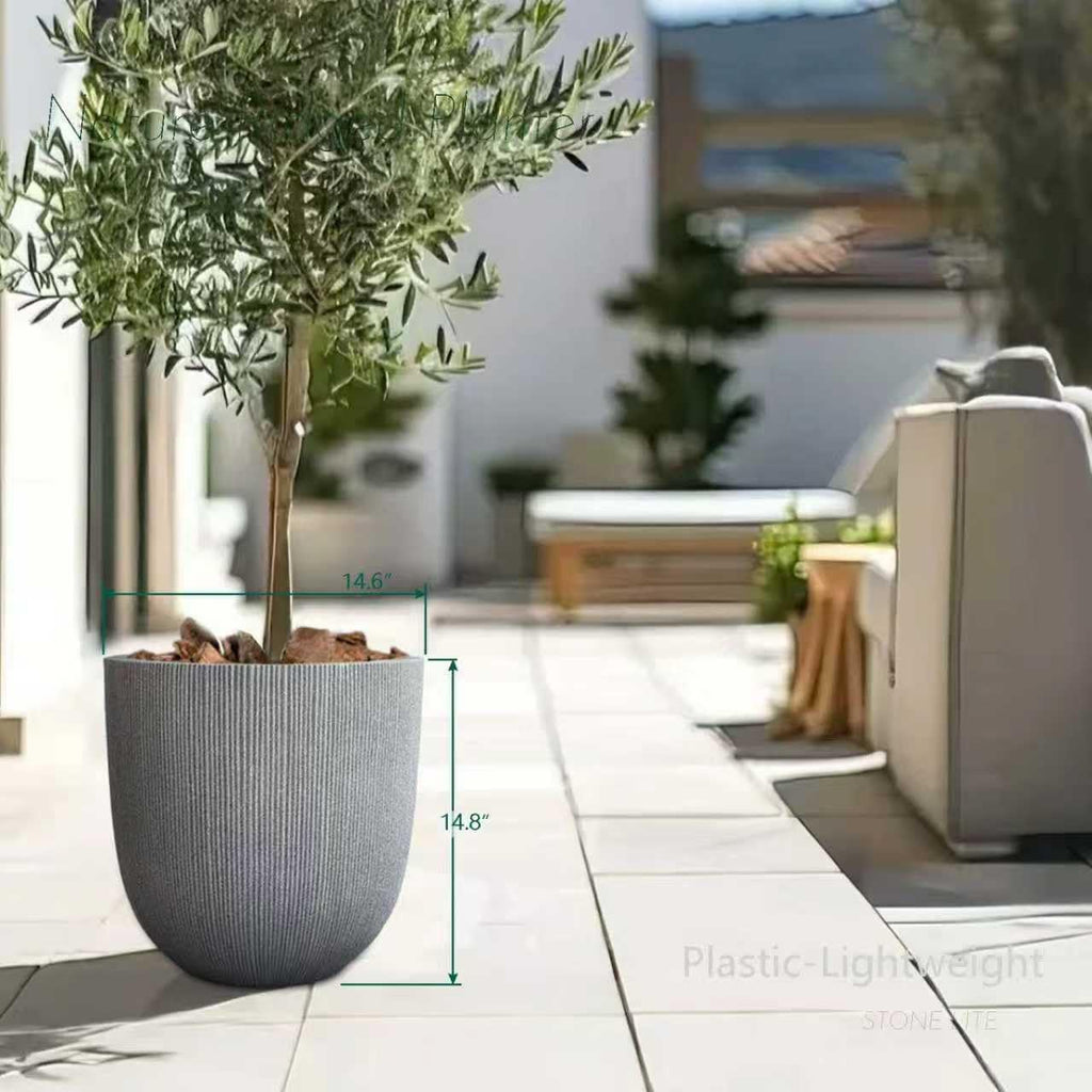 14.8"H Tall Tapered Ribbed Large Plastic Planter w/ Drainage Hole & Plug | Durable & Weatherproof, Indoor Outdoor Use
