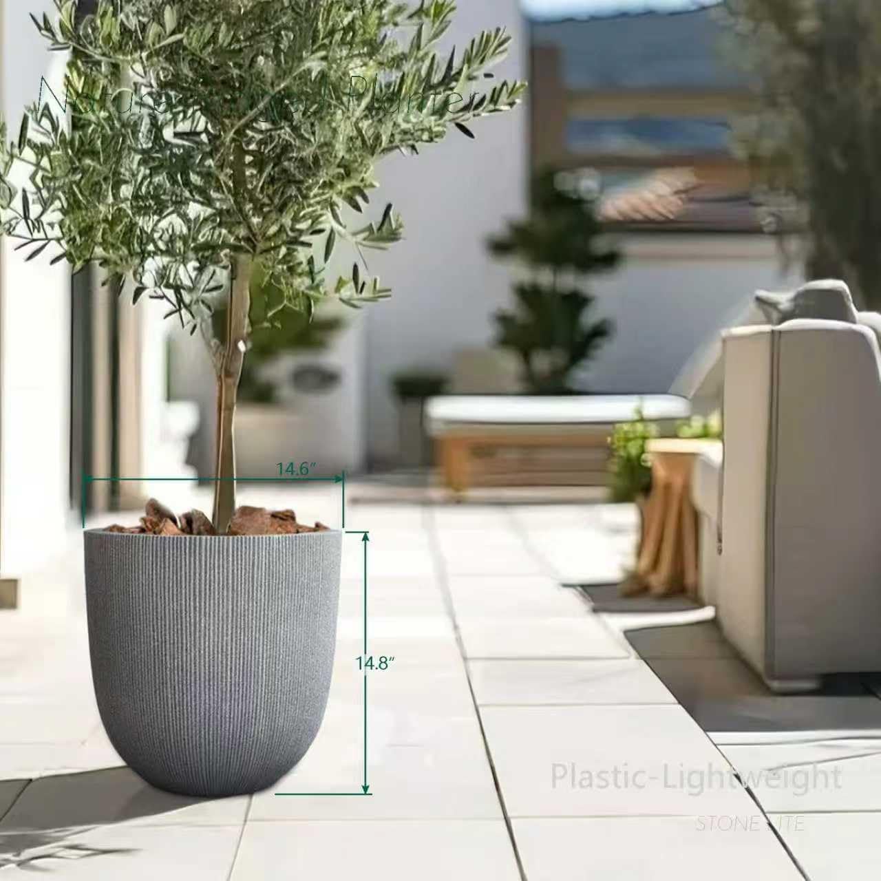 14.8"H Tall Tapered Ribbed Large Plastic Planter w/ Drainage Hole & Plug | Durable & Weatherproof, Indoor Outdoor Use