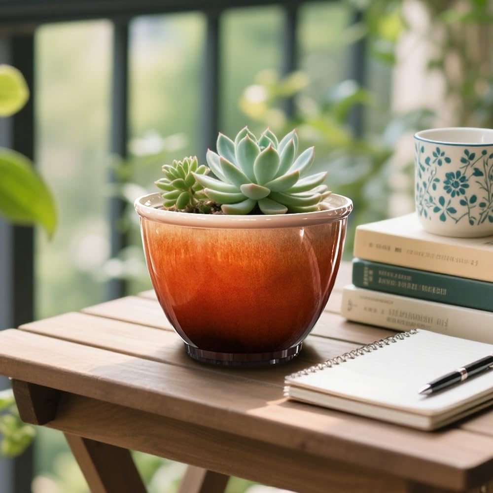8 Inch Plant Pots Glazed Ceramic Look Planters with Drainage Hole,4 Pack | Modern Decorative Flower Pots for Indoor