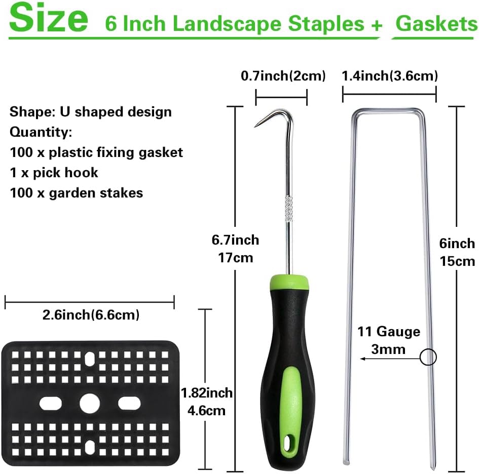 Bakulyor 100 Pcs Landscape Staples + 100 Pcs Gasket, 6 Inch Garden Stakes Staples 11 Gauge U Shaped Galvanized Lawn