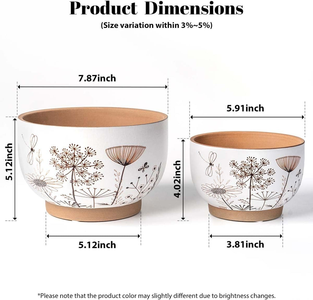 Terracotta Pots, 8+6 Inch Plant Pots, 2 Pcs with Drainage Holes | White & terracotta ceramic planters with botanical