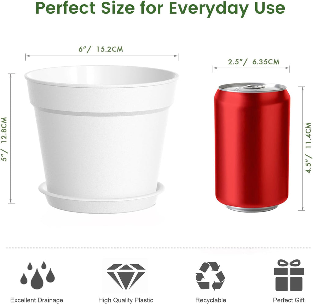 SwinDuck 20 Pack 6 Inch Plant Pots with Drainage and Saucers, White Plastic Flower Pots for Indoor and Outdoor Plants