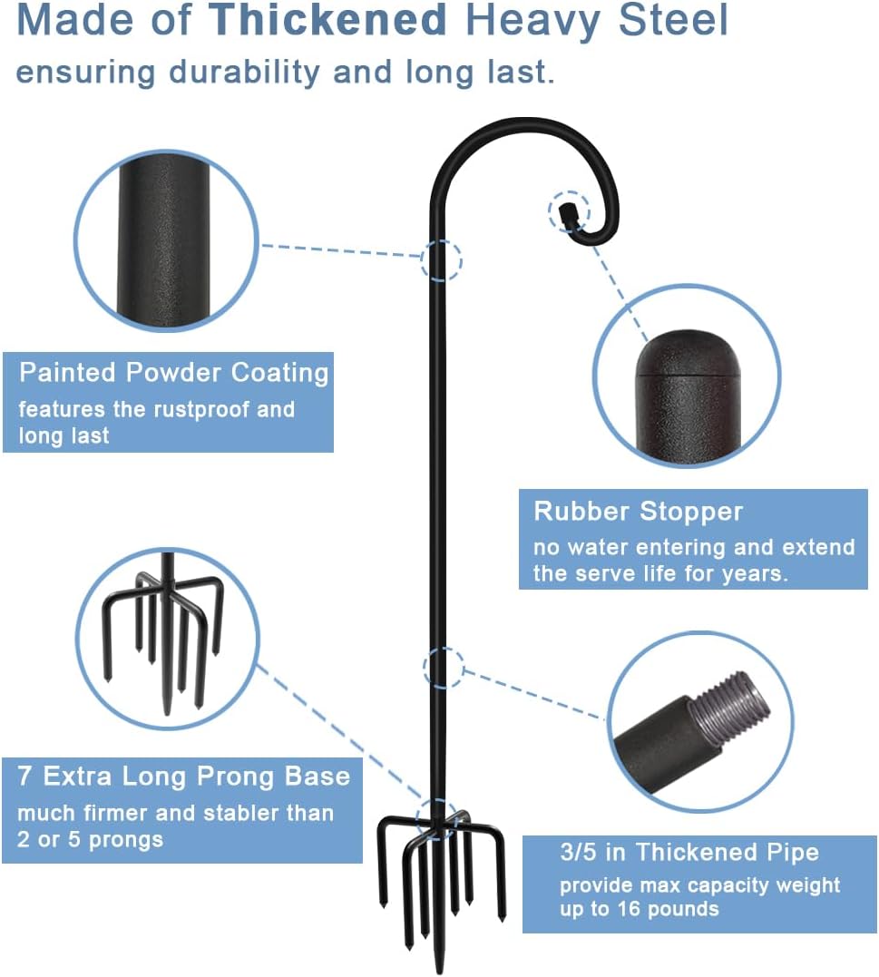 60 inch Outdoor Shepherd Hook with 7 Prong Base (2 Packs), Adjustable Heavy Duty Garden Hanging Stake for Bird Feeder