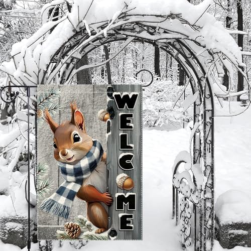 Welcome Garden Flag 12x18inch The Nut Squirrel Winter Garden Flags Yard Porch House Flag Double-Side For Home Outdoor Yard Patio Lawn Decor,Christmas Garden Decorations (RMQ-42, 12"X18")