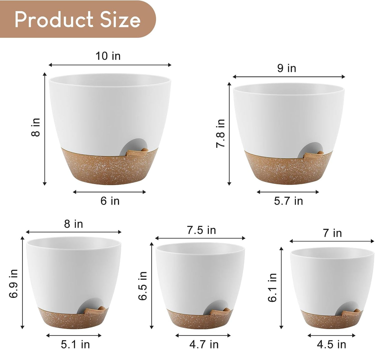 YNNICO Plant Pots 10/9/8/7.5/7 inch, Self Watering Planters with Drainage Holes & Saucers for Indoor and Outdoor Plants