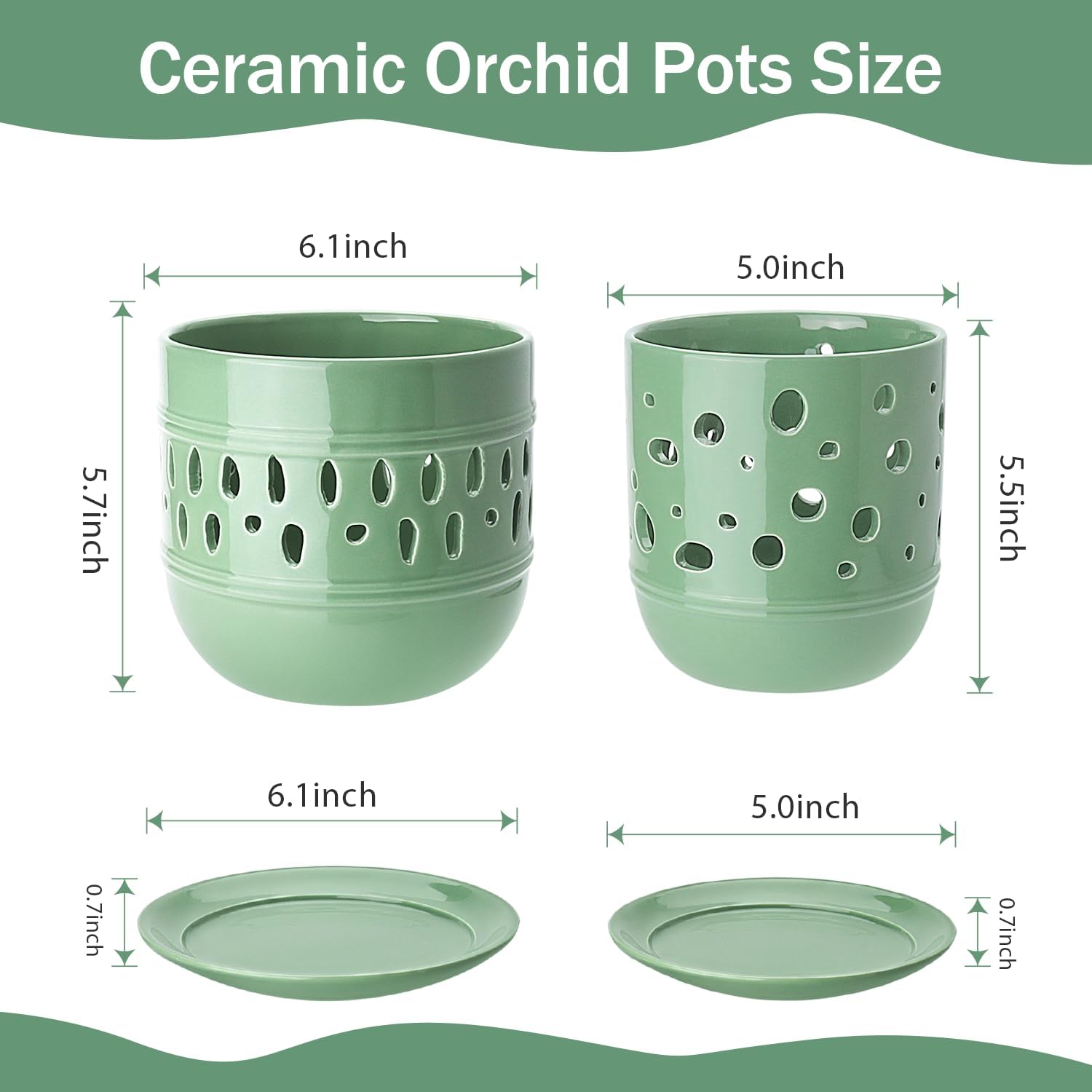 Orchid Pots with Holes, 5+6 Inch Large Orchid Pot with Drainage and Saucers, Ceramic Orchid Planter for Indoor/Outdoor