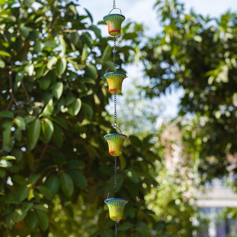 10ft Rain Chains for Outside Gutters, Eaves, Drainage | 12 Cups, Metal Rain Chain, Adjustable Length, Decorative