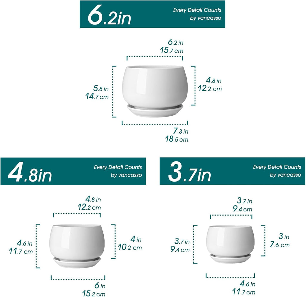 vancasso 3-Pack Ceramic Plant Pots, 3.7/4.8/6.2 Inch Indoor Planters with Saucers & Drainage Hole Planter pots for