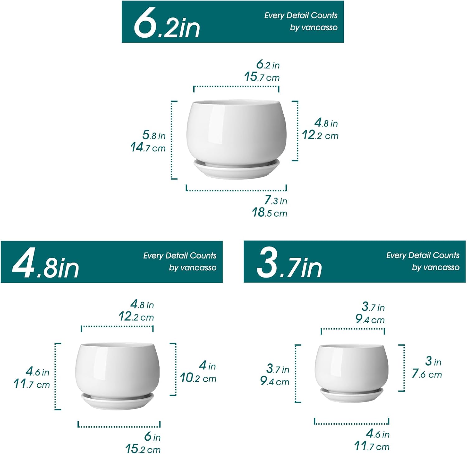 vancasso 3-Pack Ceramic Plant Pots, 3.7/4.8/6.2 Inch Indoor Planters with Saucers & Drainage Hole Planter pots for