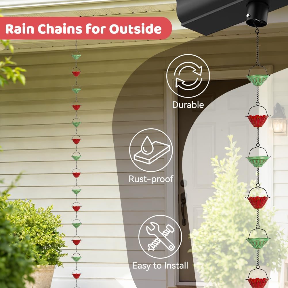 dreamysoul Rain Chains for Outside, 10 FT Decorative Rain Catcher Chains with 16 Cups, Adjustable Rain Chain for