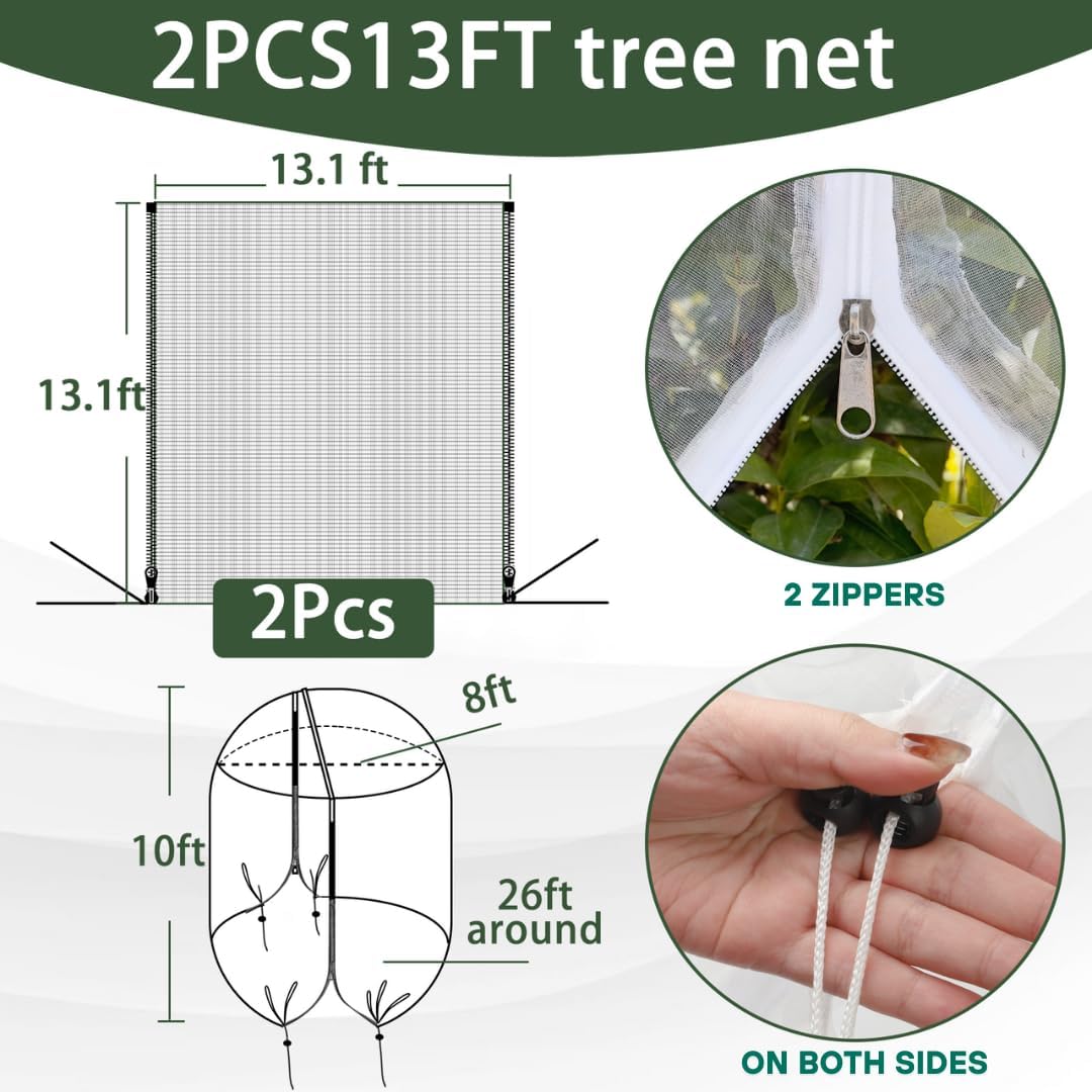 2 Pack 13x13 FT Fruit Tree Net Bags, Zipper Bird Net Cover for Apple Trees | Dual Zipper & Drawstring Design, Heavy
