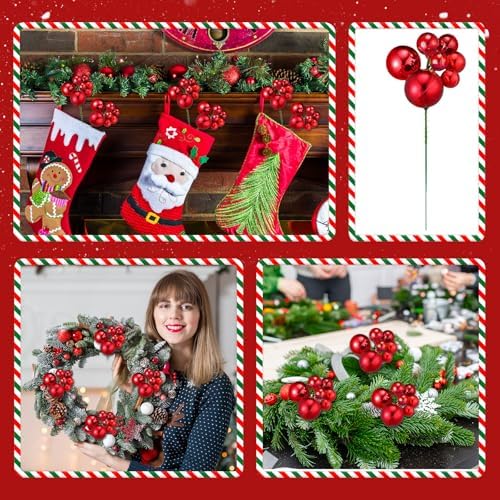 Daifunli Christmas Tree Picks 7.87 Inch Christmas Balls Ornaments Xmas Hanging Decorations for Xmas Tree Topper DIY Wreath Holiday Floral Vase Fillers Crafts Home Decor(Red,8 Pcs)