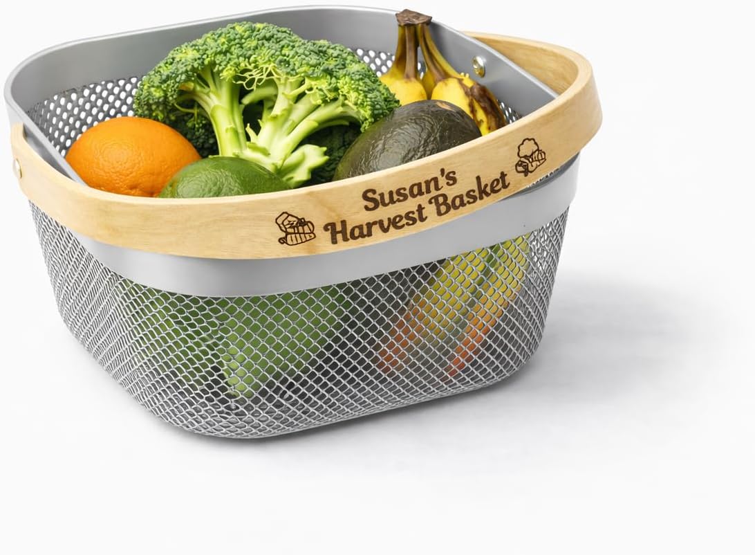 Personalized White Garden Harvest Basket with Engraved Bamboo Handle – Lightweight Metal Mesh Vegetable Basket for