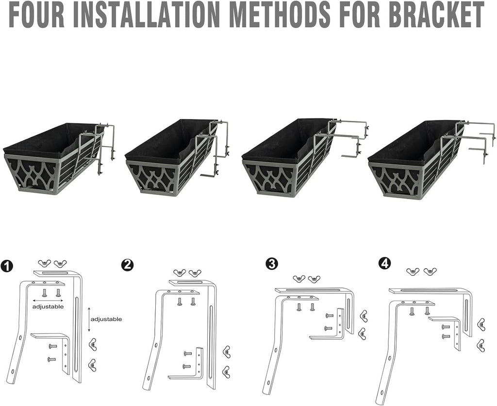 4 Pack 24 Inch Window Boxes Planters Railing Planter Box with Adjustable Brackets & Non-Woven Fabric Plant Grow Bags