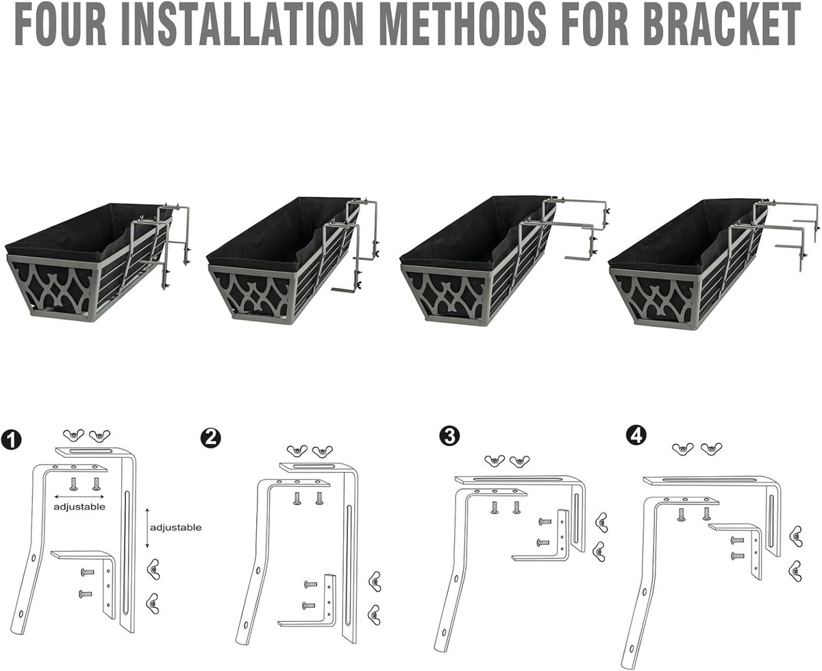 4 Pack 24 Inch Window Boxes Planters Railing Planter Box with Adjustable Brackets & Non-Woven Fabric Plant Grow Bags