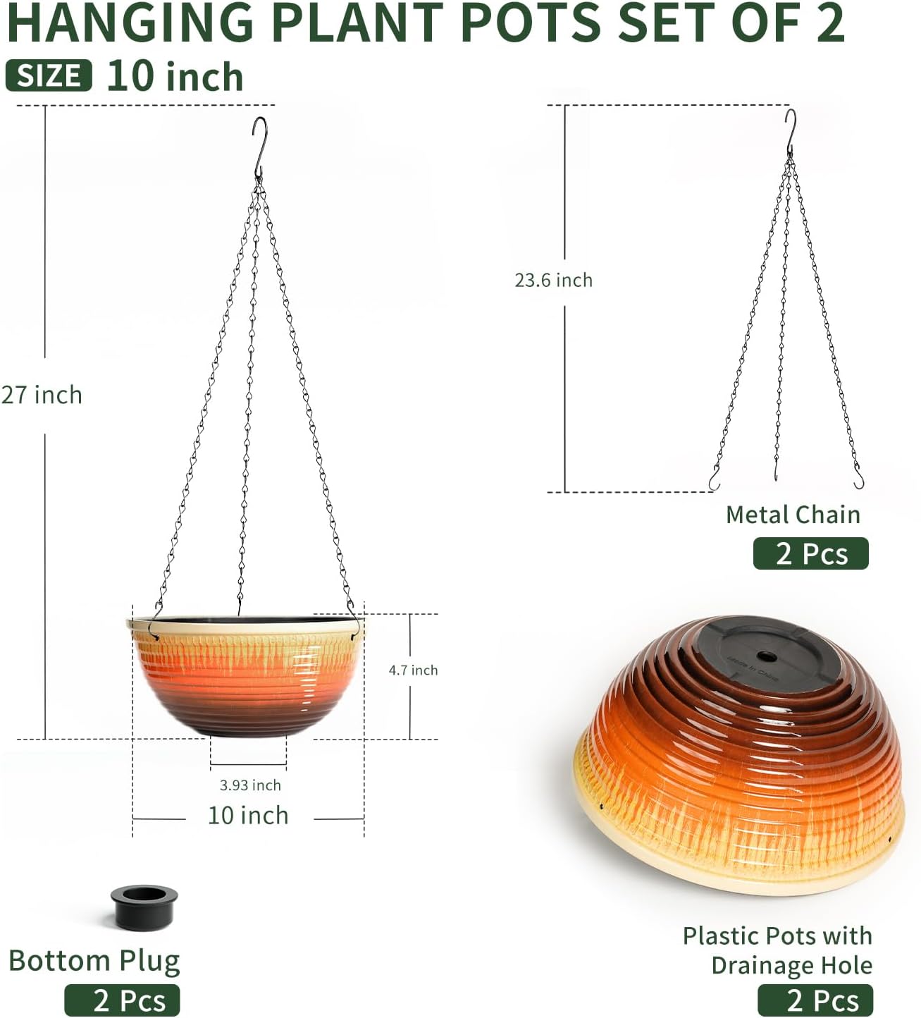 10 Inch Glazed Hanging Planters 2 Pack, Hanging Baskets with Drainage Hole | Ceramic Look, Hanging Flower Pots for
