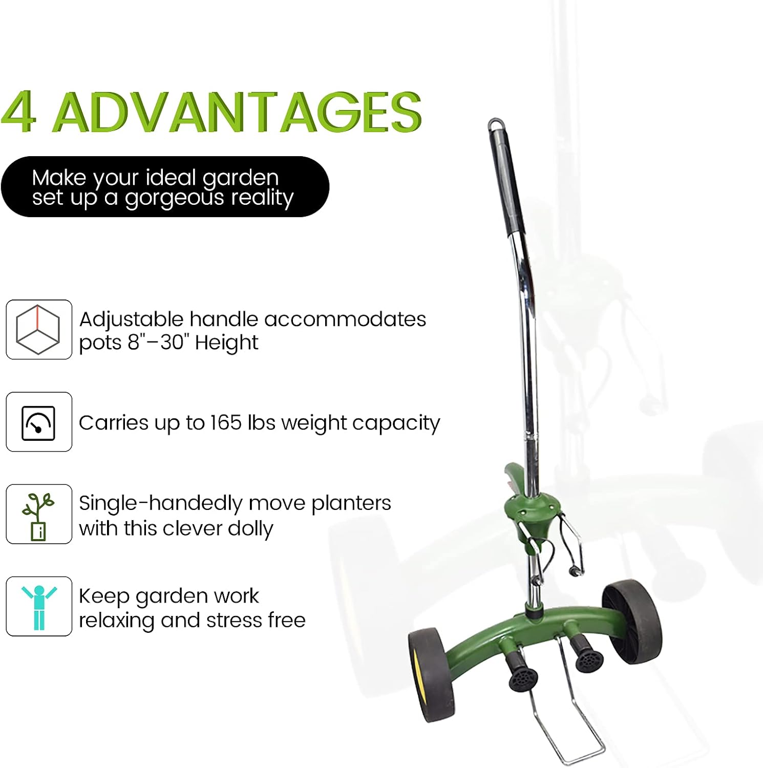 Heavy Duty Plant Dolly Caddy - Pot Mover for Garden w/ 165 lb Capacity, Flat-Free Wheels & Suction Cups | Adjustable