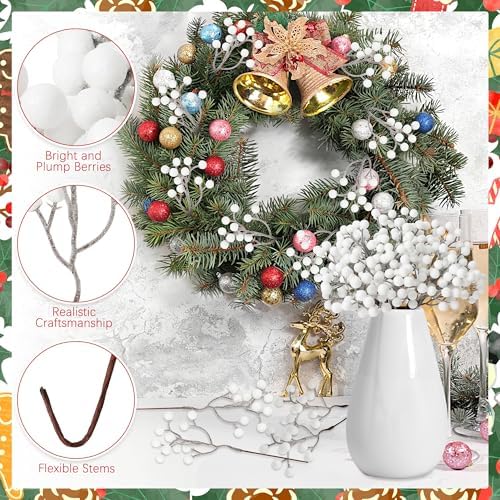 24PCS White Berry Stems 7.08in Christmas Tree Decor Faux Picks Glitter