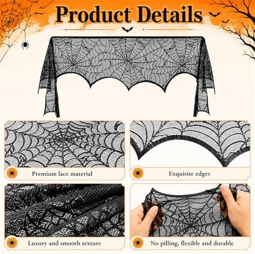 Halloween Fireplace Mantel Scarf,Lace Spiderweb Mantel,18 x 96 Inch