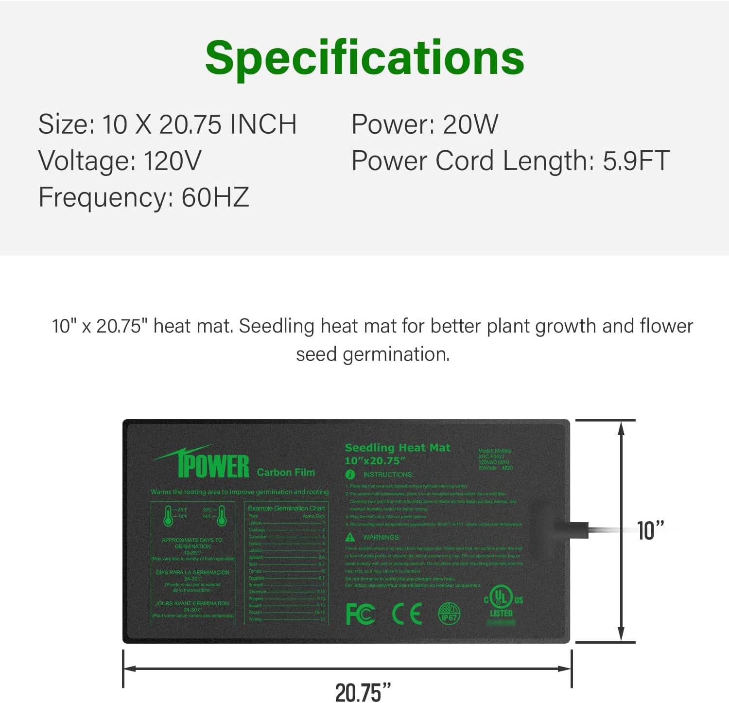 iPower Digital Heat Mat Thermostat Controller and 10" x 20.75" Carbon Film Seeding Warm Hydroponic Pad with Temperature