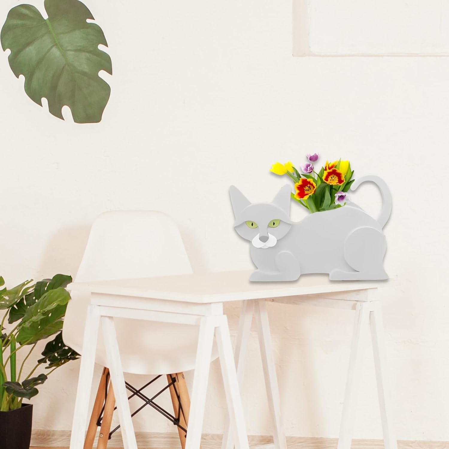 White Cat Planter Pots, Animal Shaped Flower Pot | Cute Plant Gift for Women and Pet Lovers, Indoor Outdoor Garden Home