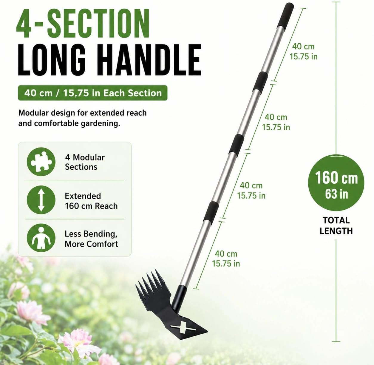 Weed Puller Tool with Long Handle, 60'' Adjustable Long Manual Weeder Remover Tool，2 in 1 Weed Rake and Gardening