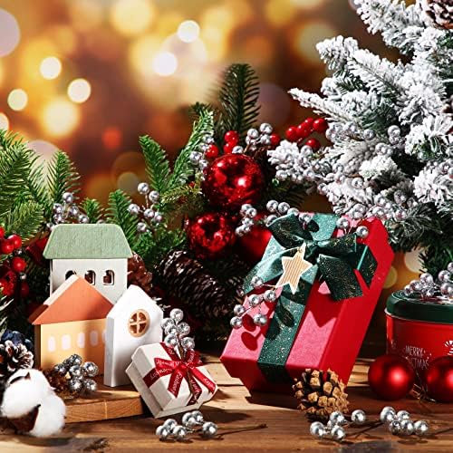 360 Pieces Artificial Holly Berries Christmas Winter Fake Berries Bunch Faux Cranberries Bunch on 60 Stems for Table Centerpiece(Silver)