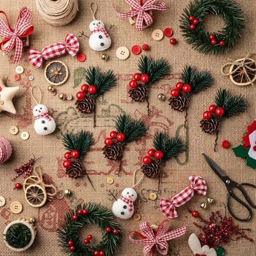 10 PCS Christmas Snow Covered Pine Needles Branches with Red Berries, Christmas Floral Pick Mini Pinecone Picks for Holiday Wreath,Tree Ornaments