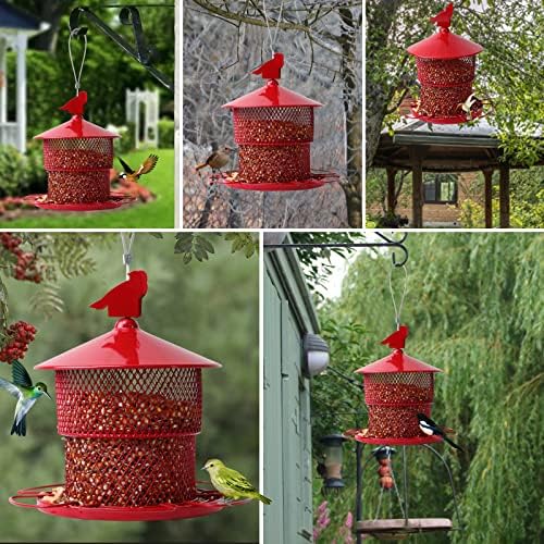 Bird Feeders for Outdoor Hanging,Large Metal Bird Feeders Squirrel Proof Mesh Tube Wild Bird Feeder,Finch Seed Feeder with 4lbs Capacity for Cardinal Chickadee Blue Jay(Red)