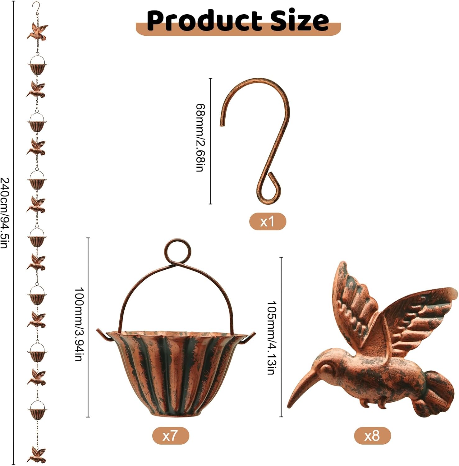 7.8FT Rain Chains for Outside, Copper Rain Chains for Gutters for Heavy Rains | Water-chian Catcher with 7 Metal Cups &