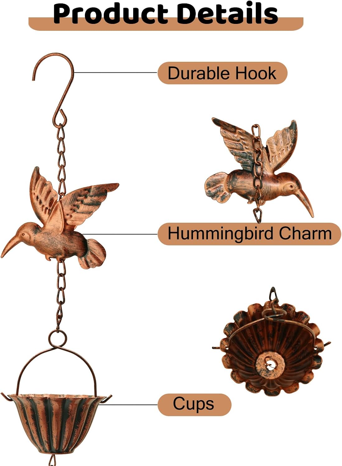 7.8FT Rain Chains for Outside, Copper Rain Chains for Gutters for Heavy Rains | Water-chian Catcher with 7 Metal Cups &