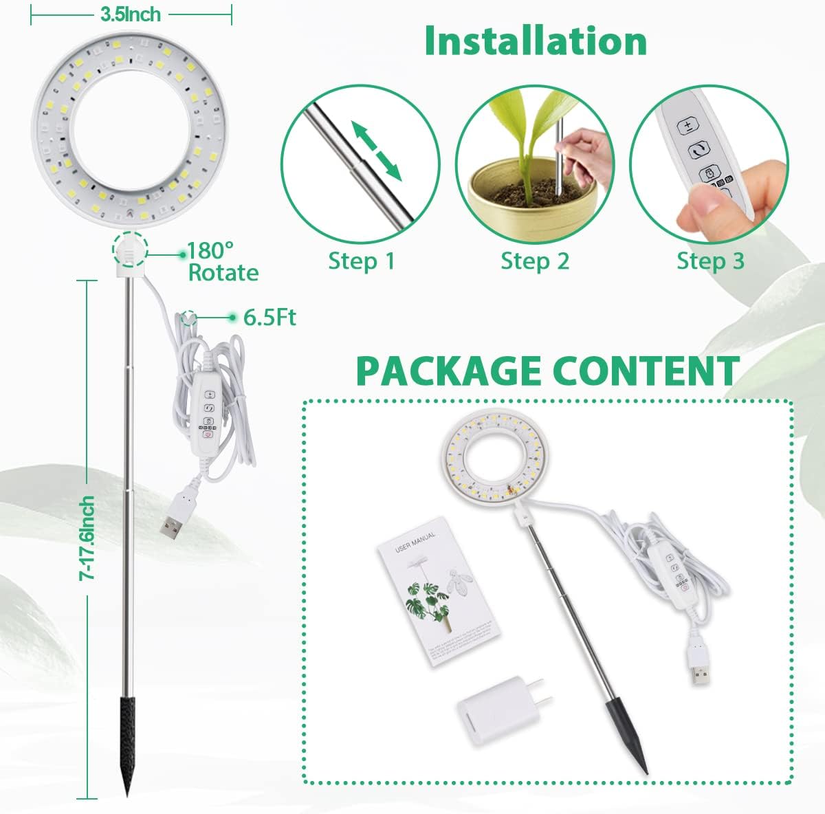 GYTF Halo Plant Grow Light, 6000K White LED Full Spectrum Growing Lamp for Indoor Plants, Succulents, Mini Bonsai