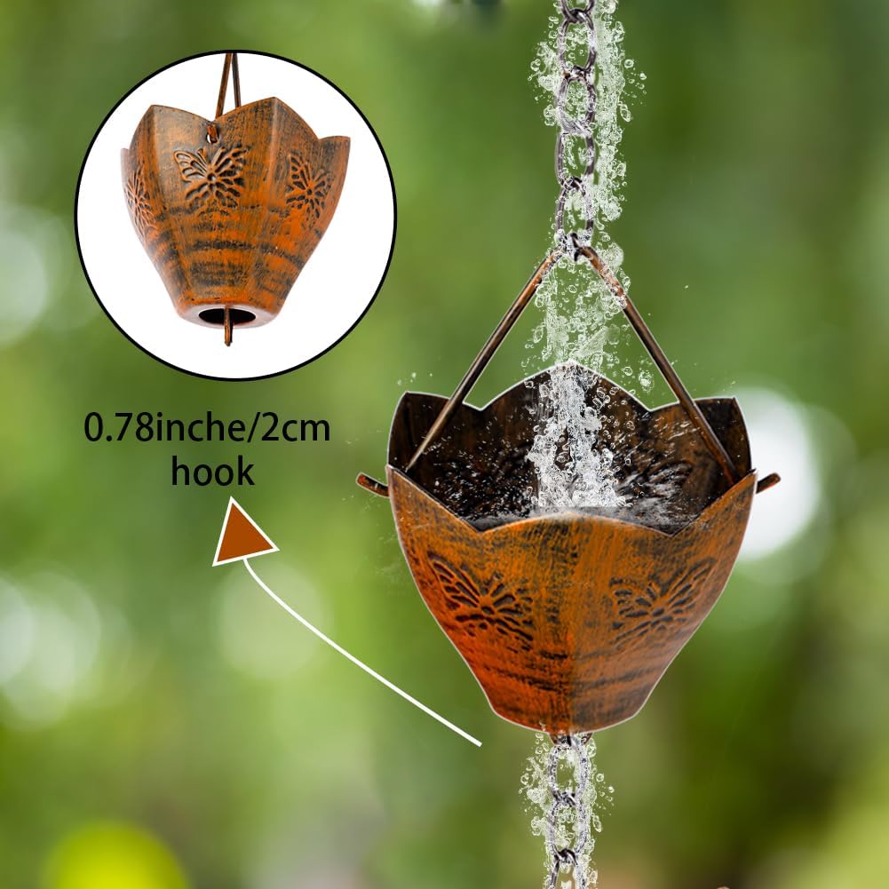 9.2ft Rain Chains for Outside Gutters, Eaves, Drainage | Copper Rain Chain, 12 Cup with Butterfly Decor, Adjustable