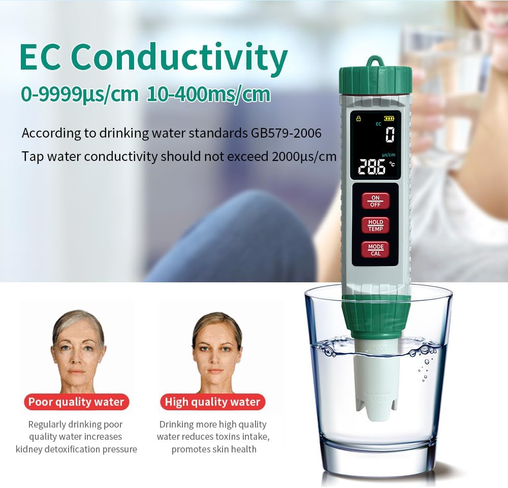 pH Meter & Pool Salt Tester, Digital 5 in 1 Salinity pH EC Temp TDS Meter for Water Quality, Waterproof Water Tester