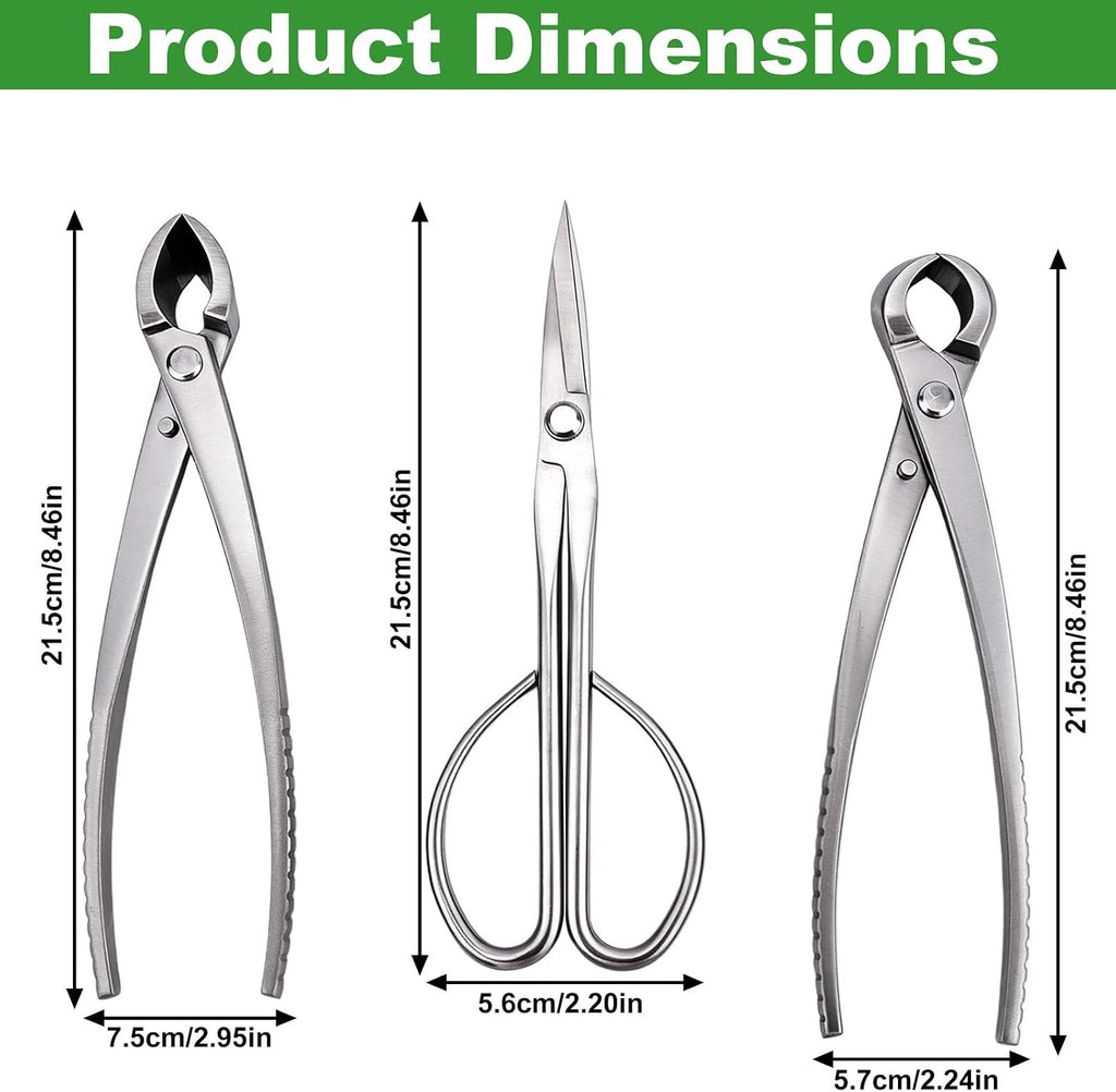 3pcs Bonsai Tool, Professional Stainless Steel Bonsai Trimming Kit with Knob Cutter Concave Cutter Leaf Scissors for
