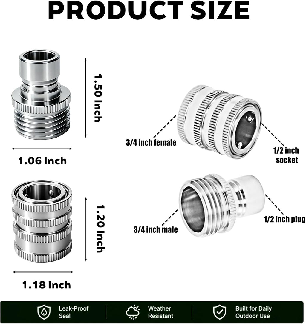 5 Pack Stainless Steel Garden Hose Quick Connect Fittings Set - Quick Connect Hose Fittings, Heavy-Duty 1/2" to 3/4"