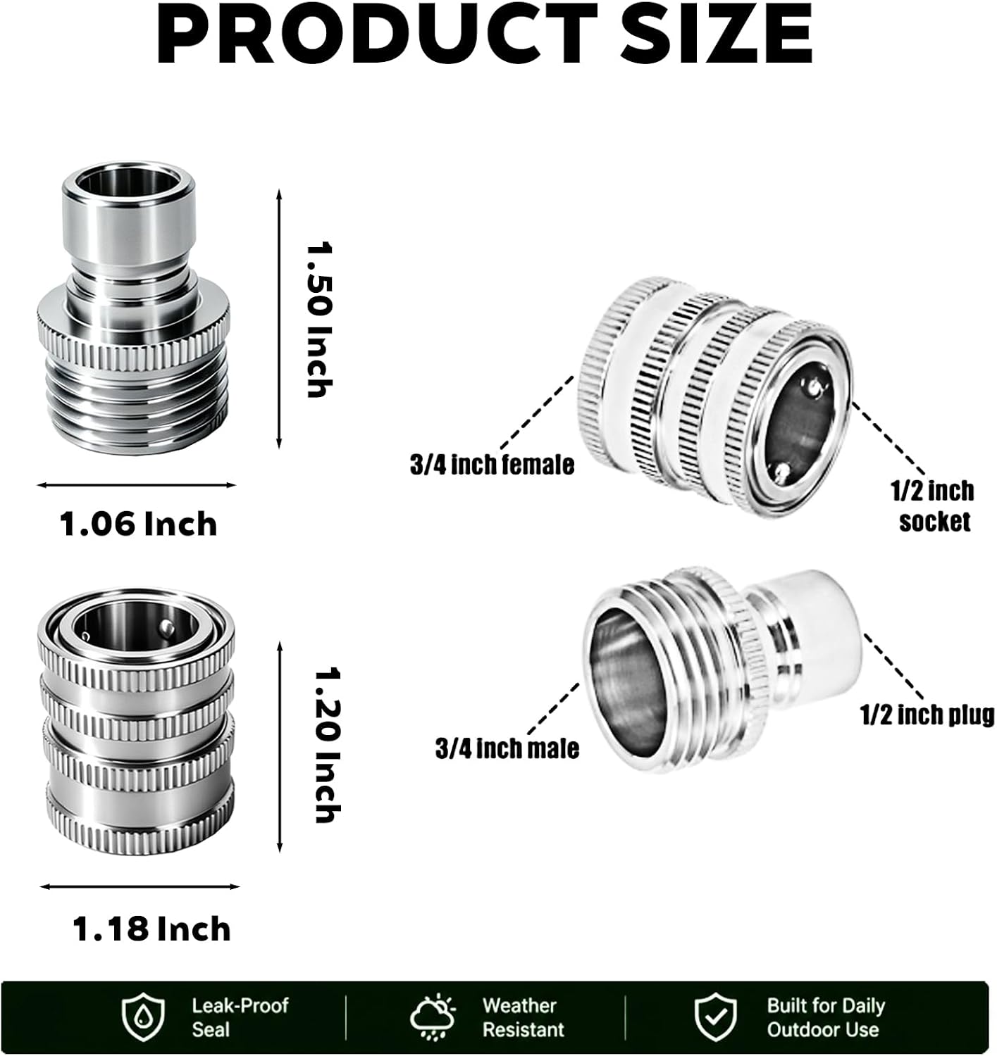 5 Pack Stainless Steel Garden Hose Quick Connect Fittings Set - Quick Connect Hose Fittings, Heavy-Duty 1/2" to 3/4"